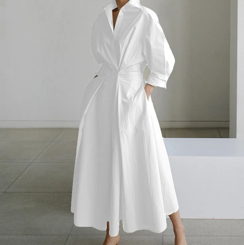 Women’s Printed Maxi Shirt Dress with Long Sleeves and Pockets