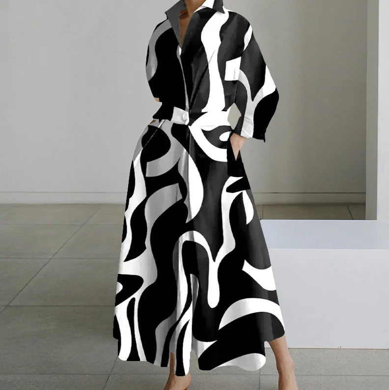 Women’s Printed Maxi Shirt Dress with Long Sleeves and Pockets