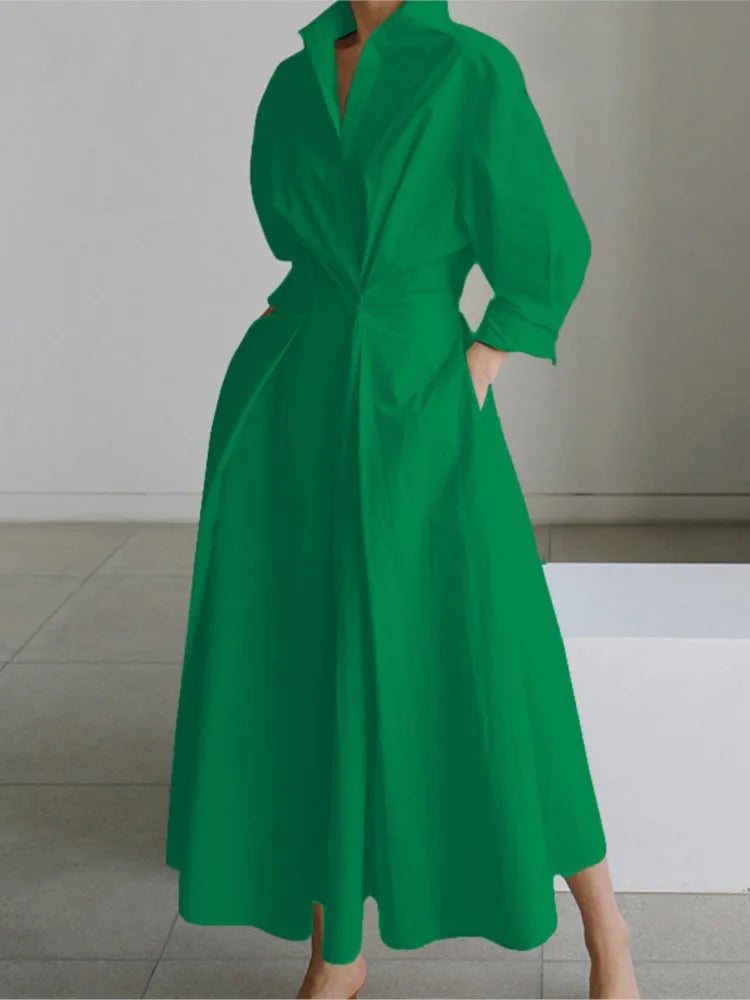 Women’s Printed Maxi Shirt Dress with Long Sleeves and Pockets