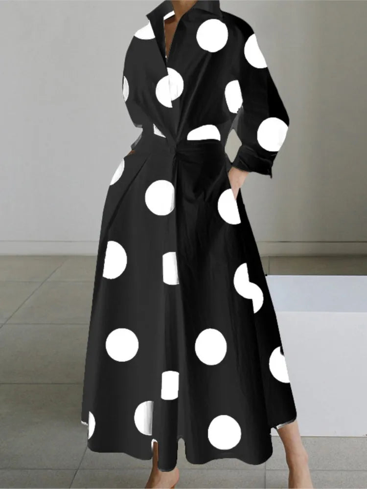 Women’s Printed Maxi Shirt Dress with Long Sleeves and Pockets