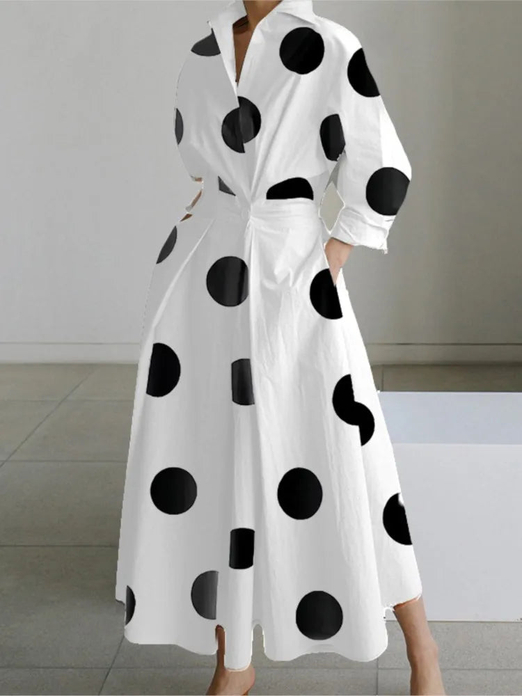 Women’s Printed Maxi Shirt Dress with Long Sleeves and Pockets