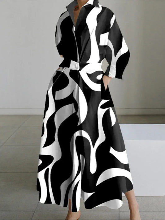 Women’s Printed Maxi Shirt Dress with Long Sleeves and Pockets