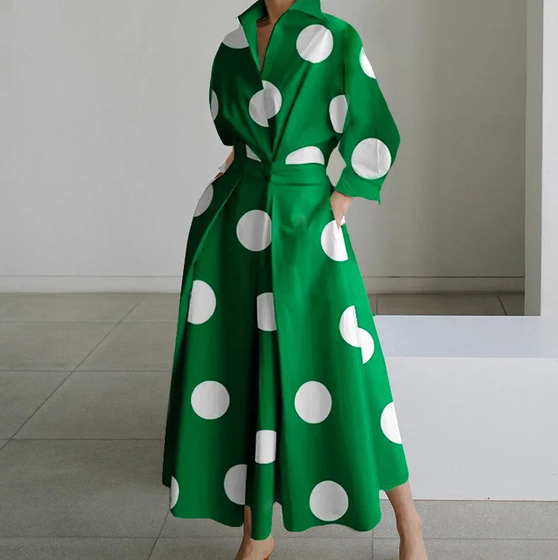 Women’s Printed Maxi Shirt Dress with Long Sleeves and Pockets