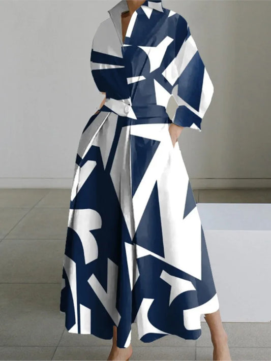 Women’s Printed Maxi Shirt Dress with Long Sleeves and Pockets